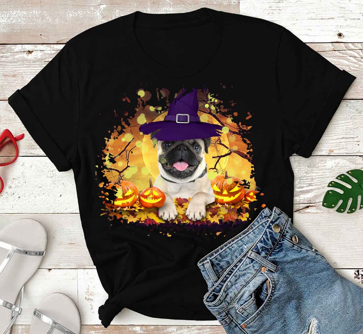 Pug Witch – Standard T-Shirt. Halloween T-Shirts, Dog T-Shirt Hoodie All Color Size S-5Xl