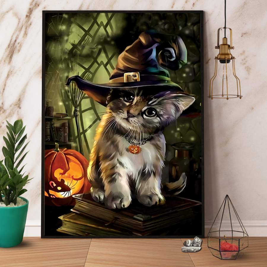 Little cat witch pumpkin Halloween paper poster no frame/ wrapped canvas wall decor full size