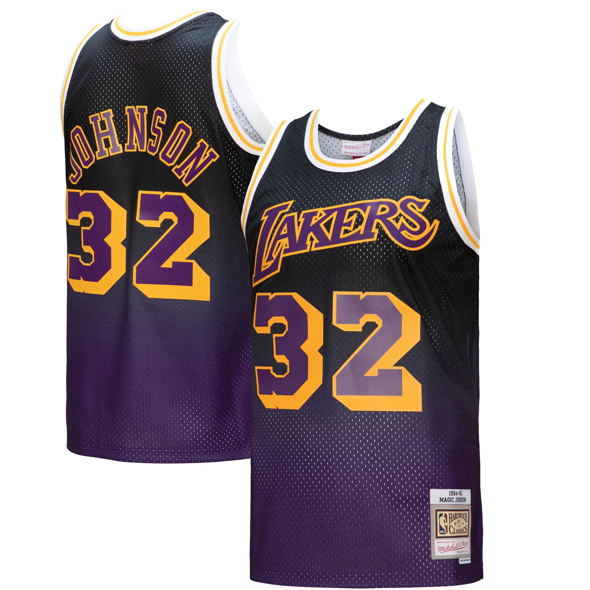 Magic Johnson Los Angeles Lakers Mitchell & Ness 1984/85 Hardwood Classics Fadeaway Swingman Player Jersey – Purple/Black