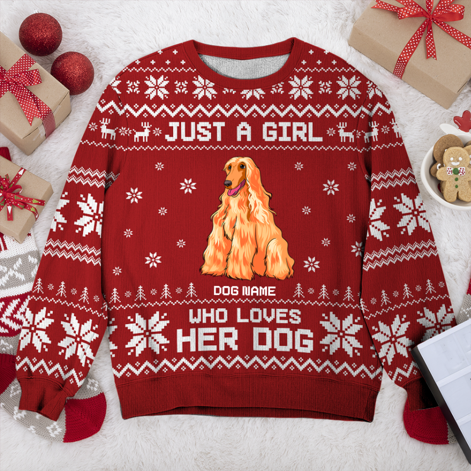 Afghan Hound Just A Girl Personalized Sweater, Dog Ugly Christmas Sweater