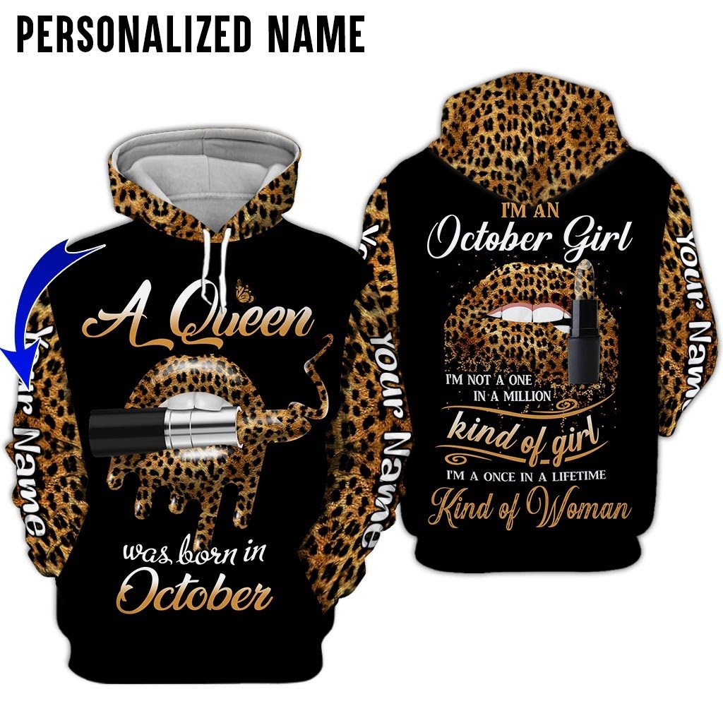 Personalized Name Birthday Outfit October Girl Leopard Skin Lipstick  All Over Printed Birthday Shirt