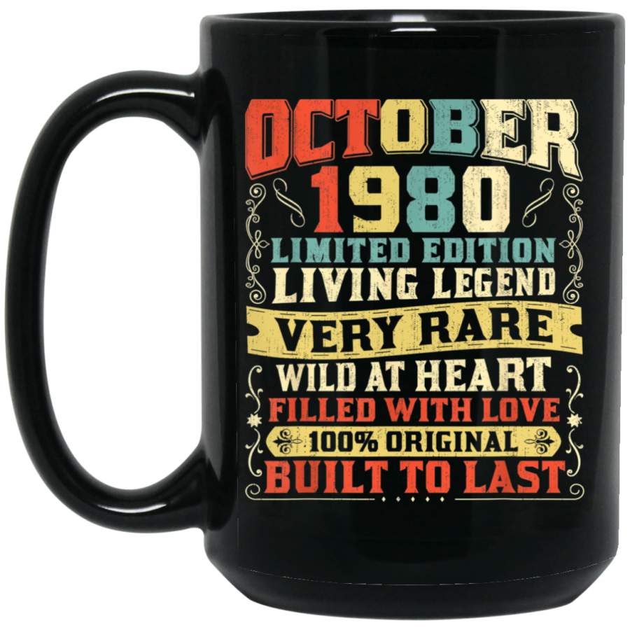 1980 October Tee Vintage Retro 39th Birthday 15 oz Black Mug