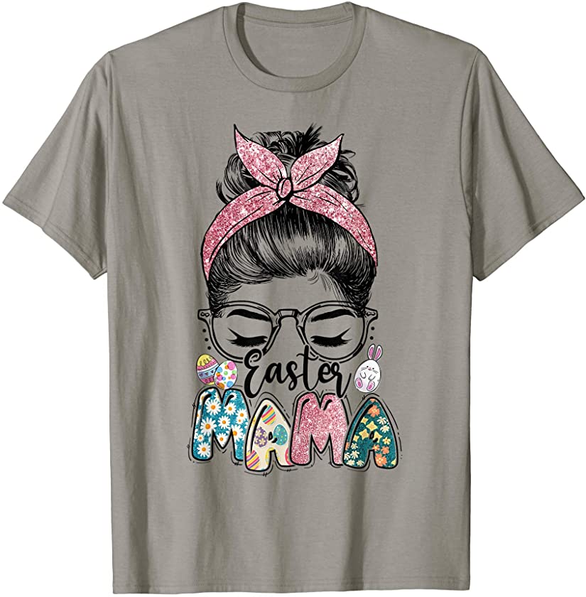 Easter Mama Bunny Leopard Messy Hair Bun T-Shirt