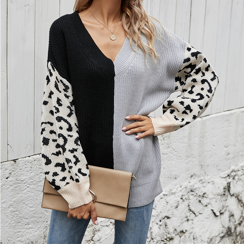 Autumn Winter New Women Knitted Sweaters Fashion V Neck Long Sleeve Loose Pullovers Casual Knitwear Elegant Leopard Contrast Top alx