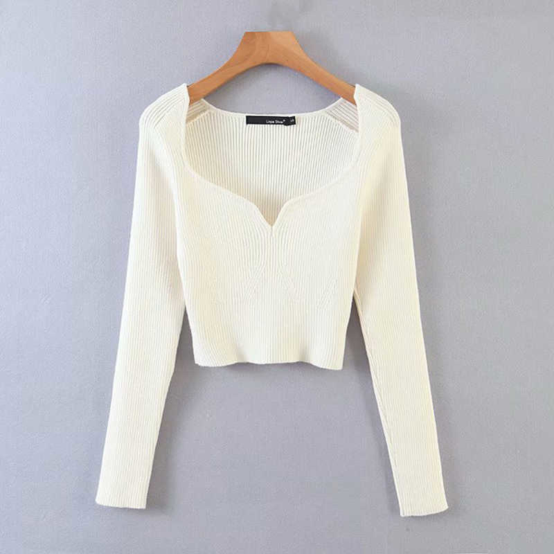 Autumn Short Square Collar Thin Knitted Pullovers Sweater Loose Sleeve Women ins Heart Neck Threaded Slim Fit Cropped Sweater alx