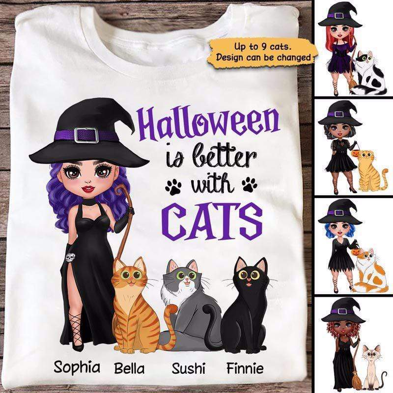 Halloween Cat Mom Witch Doll Cartoon Cat  Unisex T-Shirt, Hoodie All Color Size S-5Xl