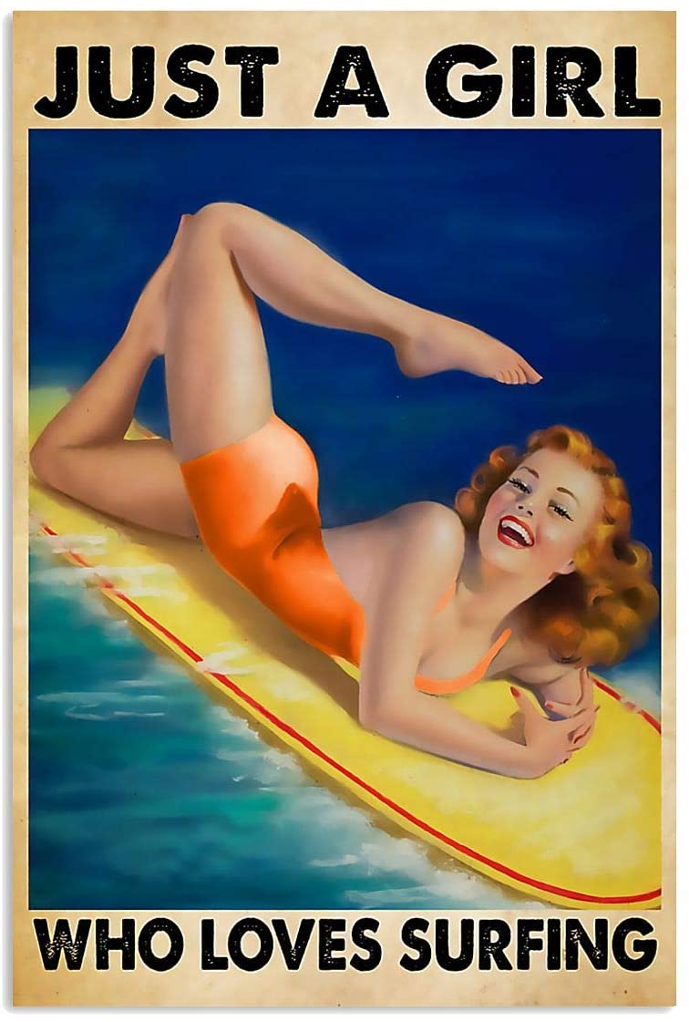 Vintage Woman Surfing – Just A Girl Who Loves Surfing Poster Art Print      Home Decor Gift For Men Women Family Friend On Birthday Xmas