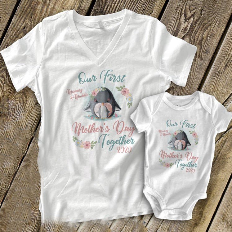 Personalized Celebrate 1St Mother’S Day Penguin Shirts Mom And Baby Gift