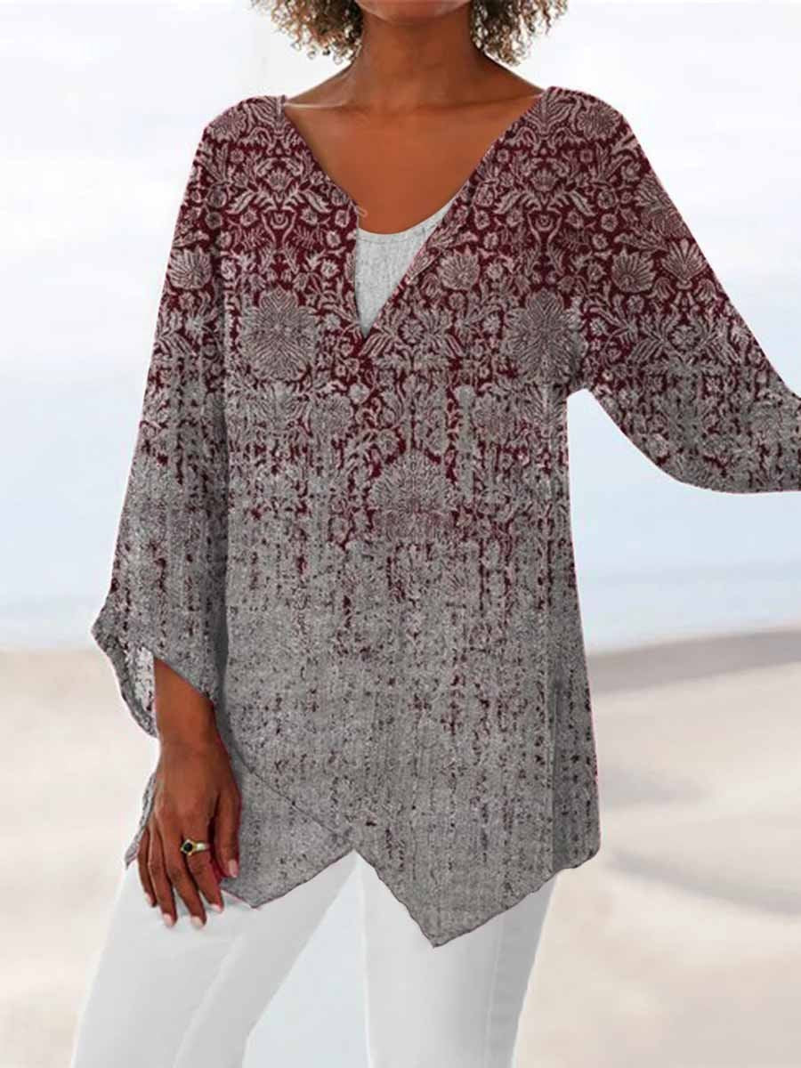 Women’S Western Printed Long Sleeve V-Neck Top