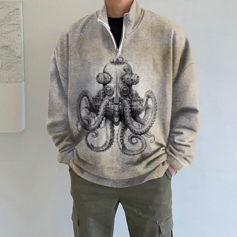 Futuristic Mechanical Mecha Octopus Print Polo Sweatshirt