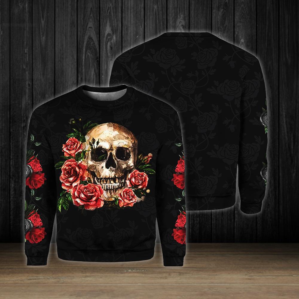 Black Rose Flower Skull Crewneck Sweatshirt All Over Print Sweatshirt For Women Sweatshirt For Men