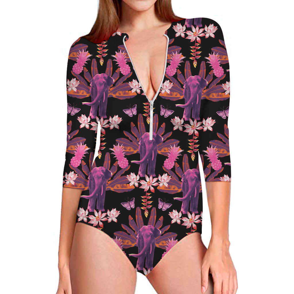 Purple Tropical Elephant Pattern Print Long Sleeve One Piece Swimsuit