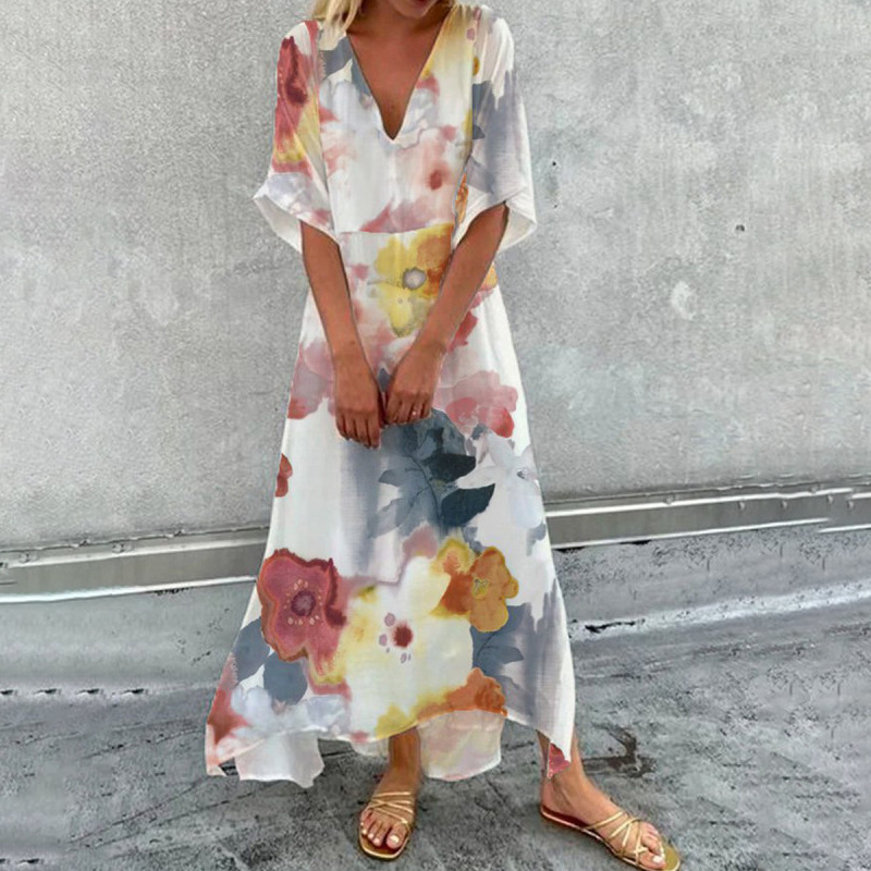 Women Fashion Marble Print Boho Long Dress Spring V Neck Half Sleeve Maxi Dress Summer High Waist Straight Holiday Beach Vestido alx