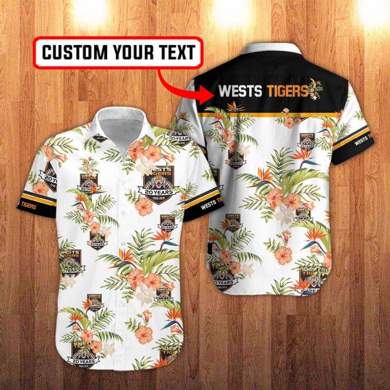 Wests Tigers Floral Hawaiian Shirt in White And Hawaiian Hibiscus Flower Personalization 3D Full Print Button Shirt