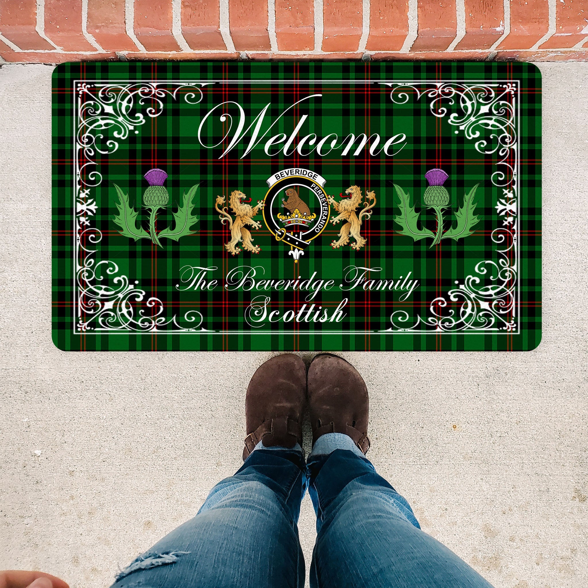 Scotstee Shop Tartan Door Mats Clan Beveridge Badge Tartan Thistle And Two Lion Scottish Plaid Doormat, Christmas Door Mat Gift