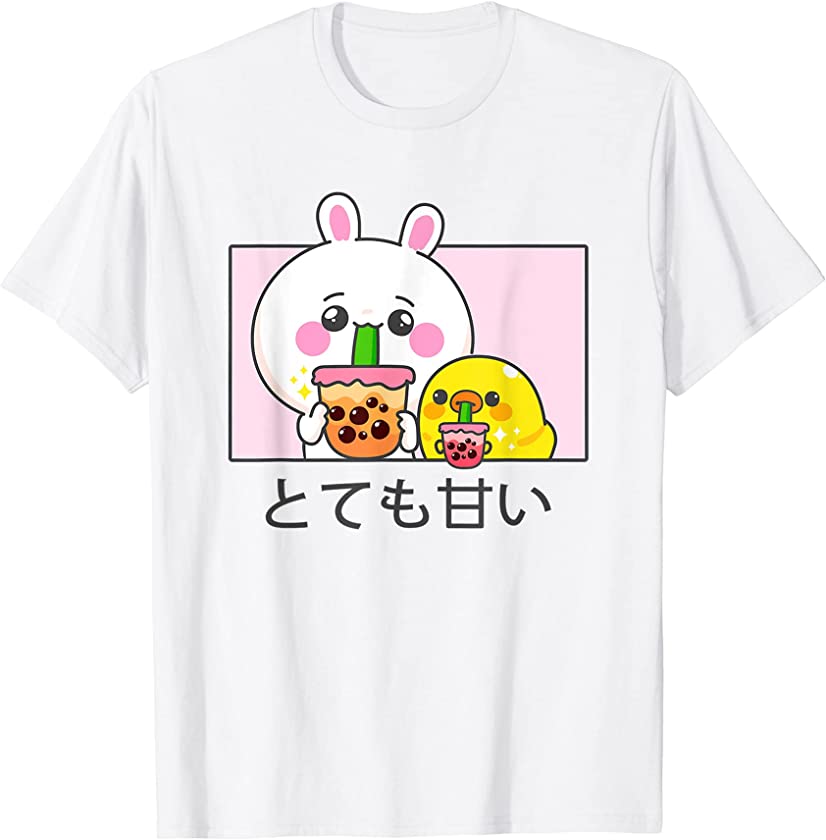 Kawaii cute anime bunny and duck drinking bubble tea T-Shirt