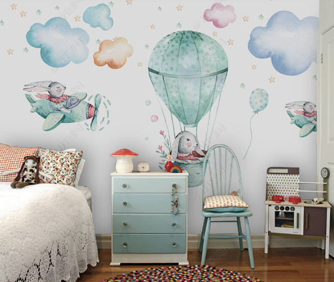 3D Cartoon Airplane Hot Air Balloon Animal Wall Mural Wallpaper Lqh 5