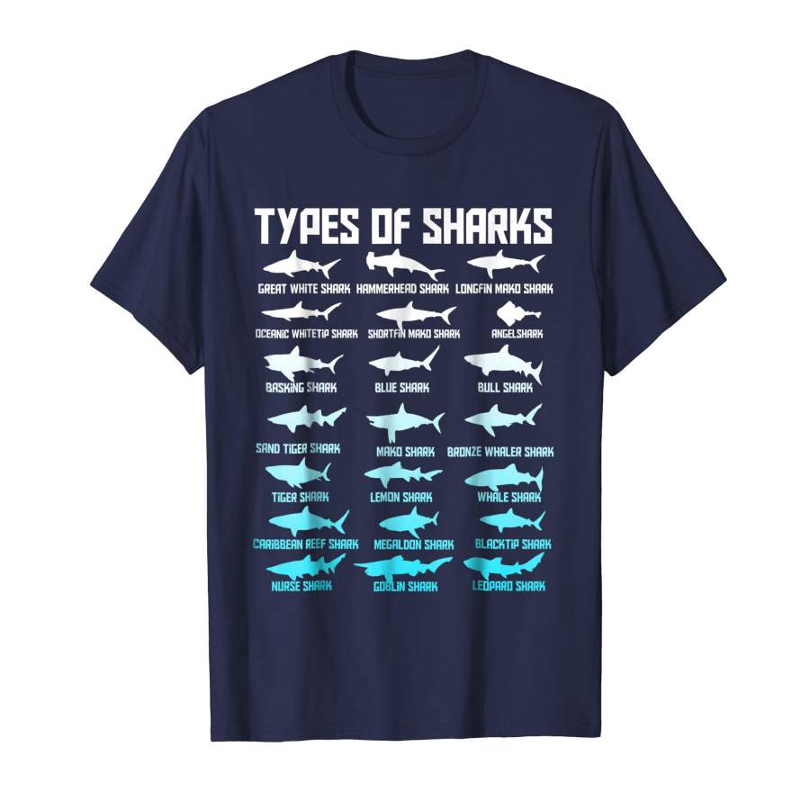 21 Types of Sharks Oceanic Biology T Shirt