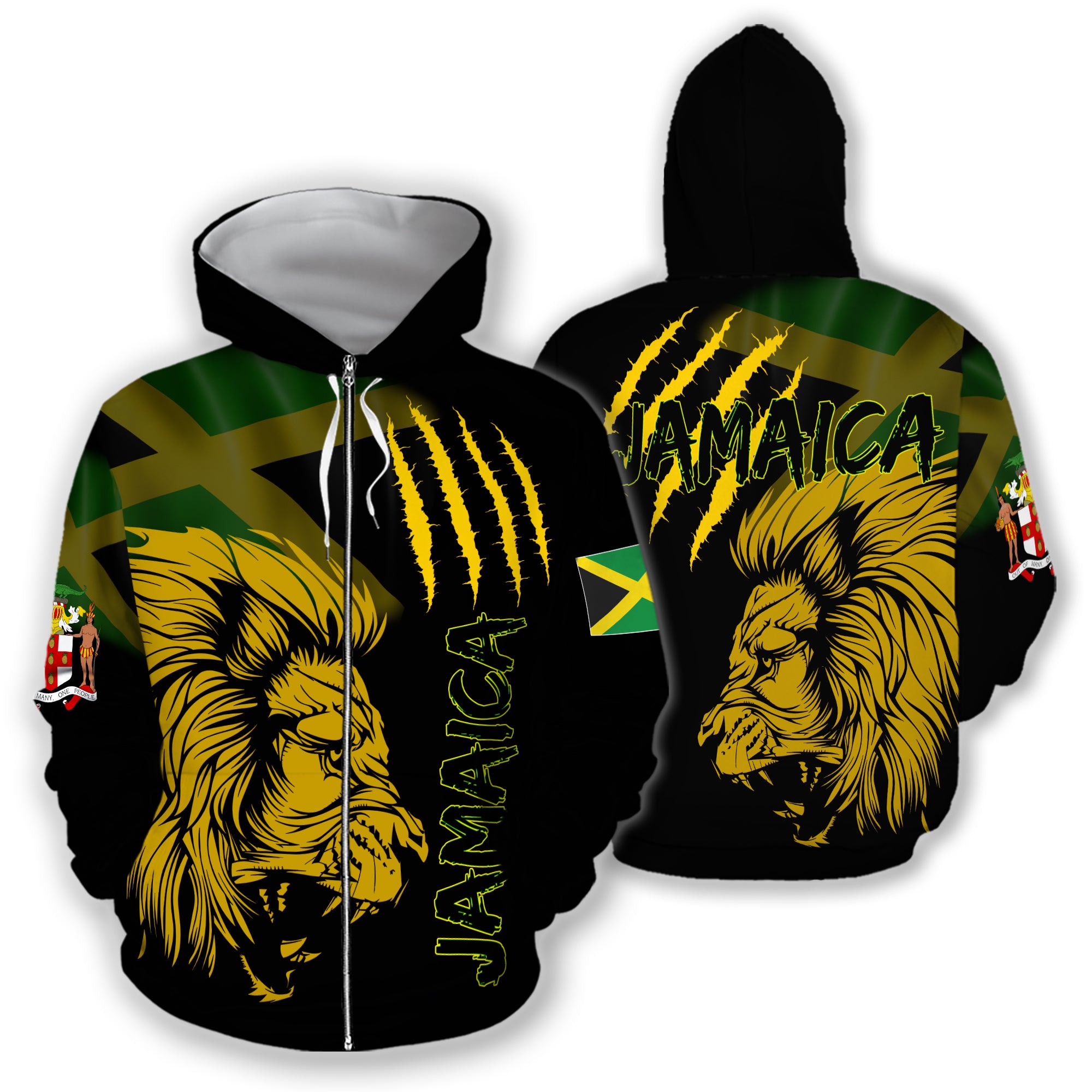 ViticStore™ Black&Yellow 3D-printed Jamaica Flag Zip-up Hoodie Lion Cannon Style Size 2XL