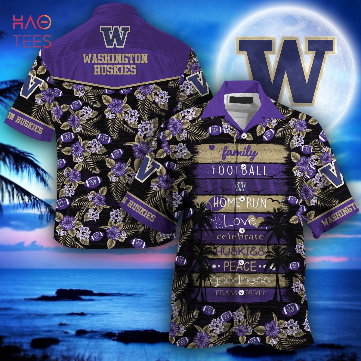 NCCA Washington Huskies Black Purple Hawaiian Shirt V3 Aloha Shirt