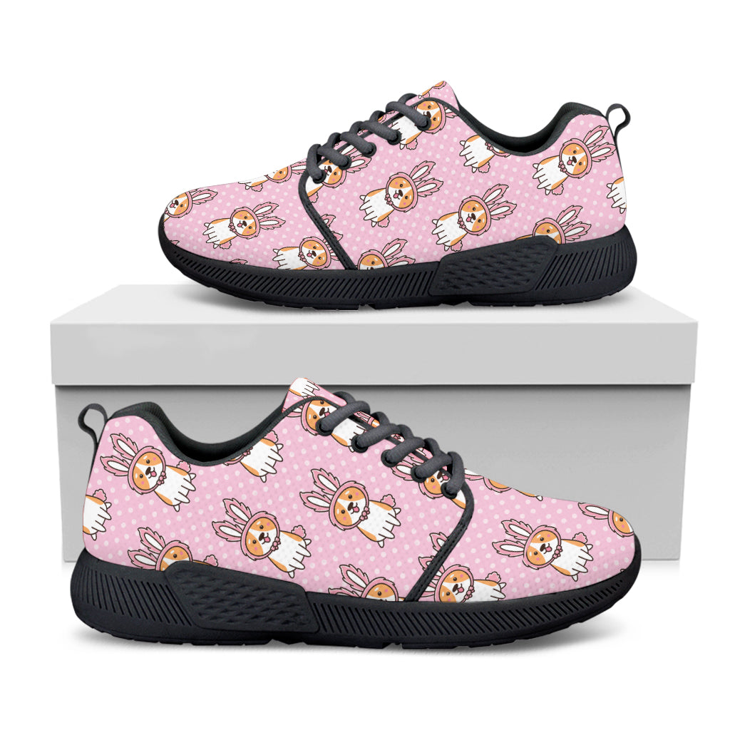 Bunny Corgi Pattern Print Black Athletic Shoes