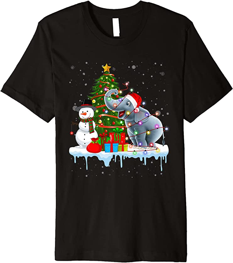 Funny Elephant Animal Santa Lights Christmas Tree Holiday PJ Premium T-Shirt