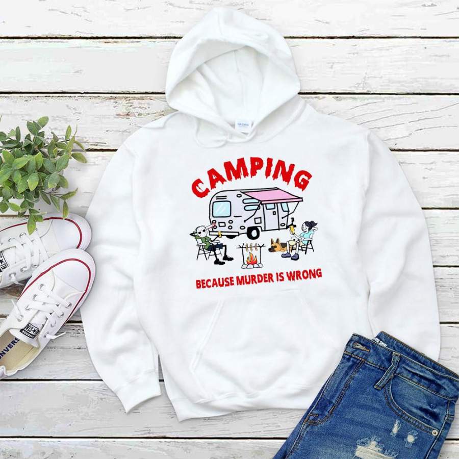 Camping because murder is wrong couple camper drink beer happy place white hoodie for men and women S-5XL