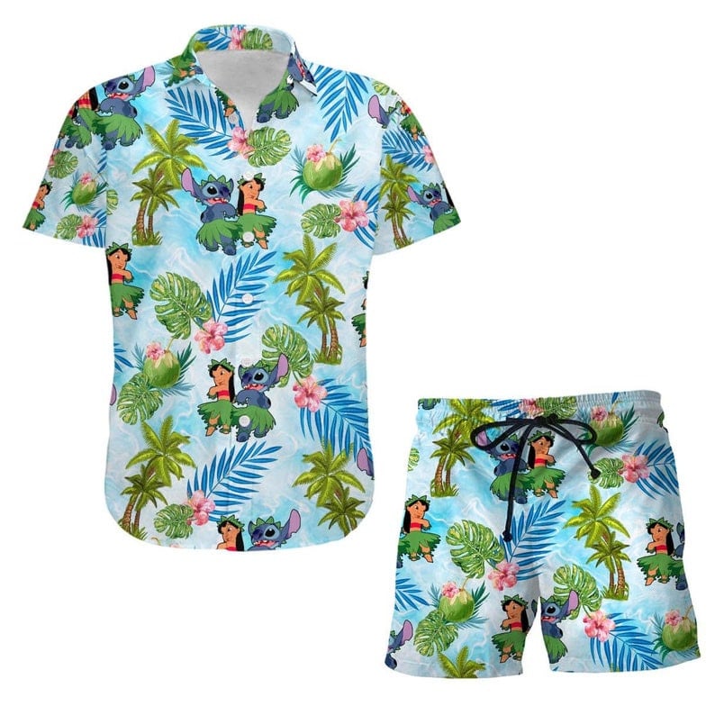 Lilo & Stitch Palm Tree Disney Cartoon Graphics All Over Print 3D Combo Aloha Hawaiian Shirt & Beach Shorts – Light Blue