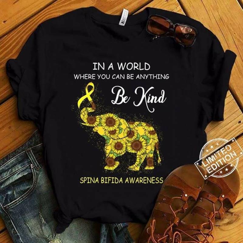 Sunflowers Elephants In A World Where You Can Be Anything Be Kind Spina Bifida Awareness Best Gifts For Friends Black Men And Women T Shirt S-5Xl