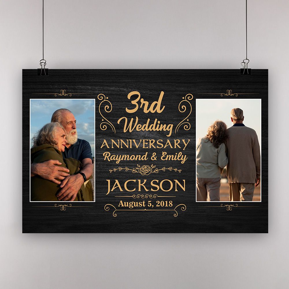 Personalized Photo, Names & Date 3Rd Wedding Anniversary Gifts Poster For Couple, Husband, Him , Wife, Her