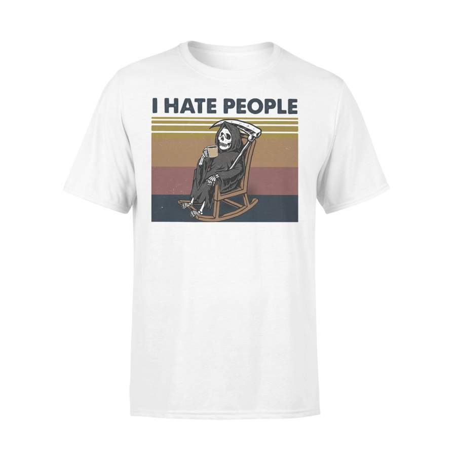 I Hate People Grim Reaper Skeleton Drinking Coffee Vintage Retro T-shirt
