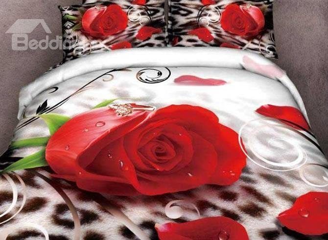 3D Red Rose With Drops Leopard Dhcdhc Dhc2310 Bedding Set