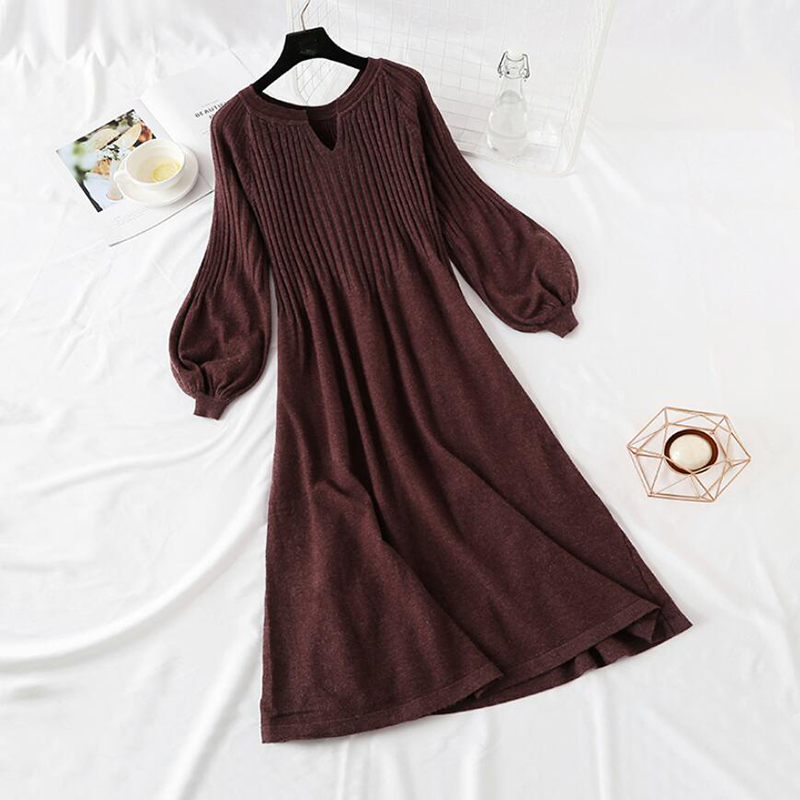 Autumn Winter Women Knitted Sweater Dress 2022 New Korean Lantern sleeve V Neck Elegant Long Dress Ladies Bottoming Loose Dress alx