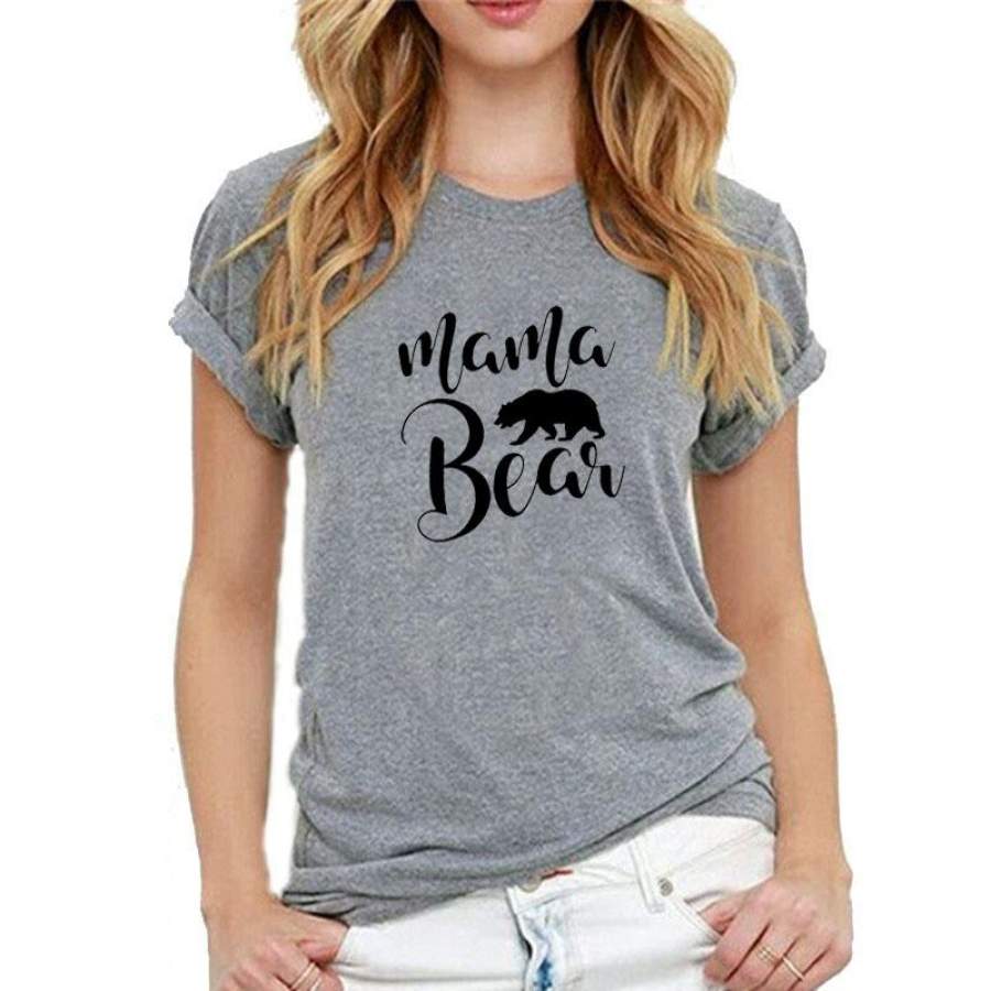 Women’S Fashion Mama Bear Letter Print Short Sleeve Grey T Shirt Plus Size S-3Xl