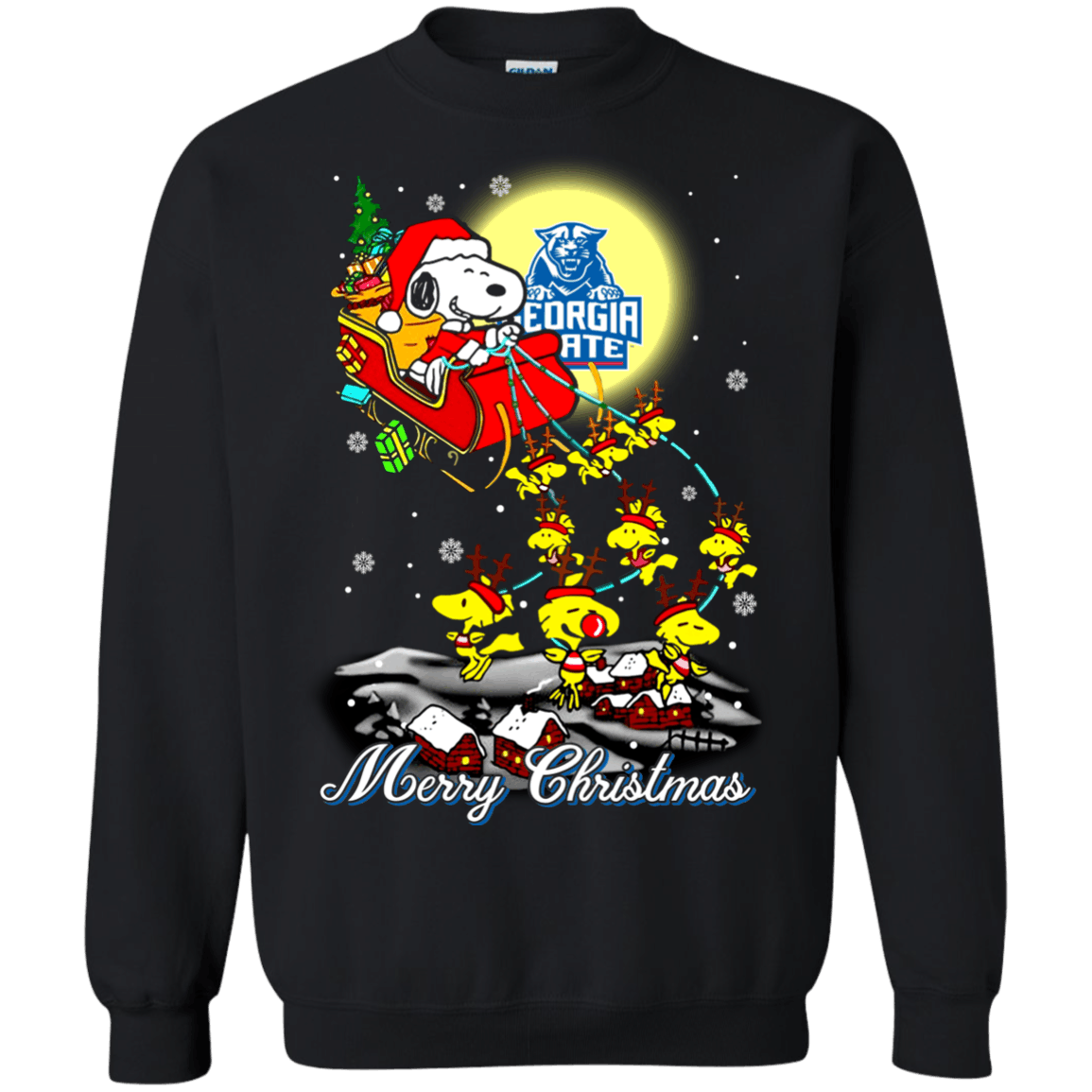 Excellent Georgia State Panthers Ugly Christmas Sweater 2023S Santa Claus With Sleigh And Snoopy Sweatshirts