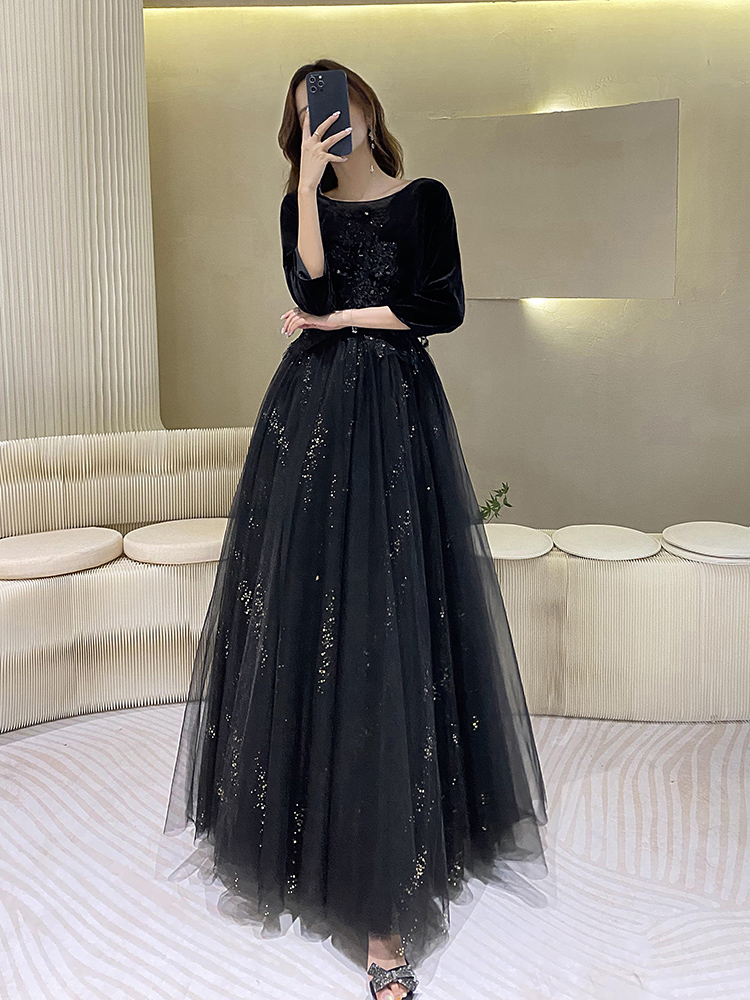 Black Long Sleeve Velvet Evening Gowns 2021 Winter Elegant O-Neck Floor-length Women Formal Dresses alx