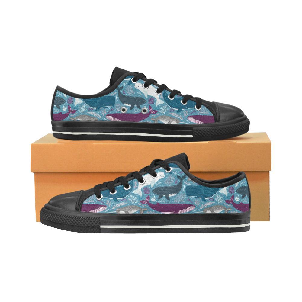 Whale Design Pattern Kid’S Low Top Canvas Shoes Black