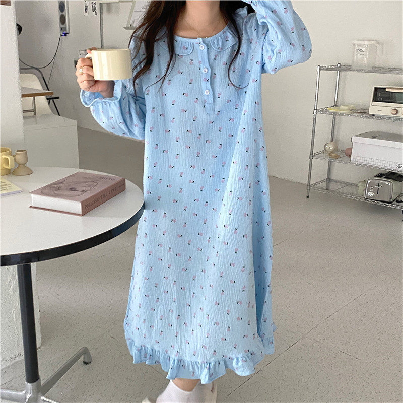 spring new gauze cotton nightgown women sleep dress long sleeve ruffles floral print homewear nightdress ladies nightshirt D066 alx