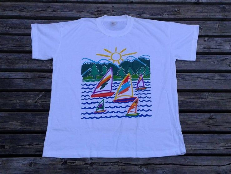 Beautiful Deadstock Paper Thin 80 S Sailboat Beach Island Sun Shirt