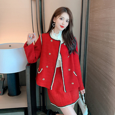 2021 New Autumn And Winter Fashion Casual Long Sleeve Slim Red Tweed Suit Coat Temperament Two Piece Skirt Women alx