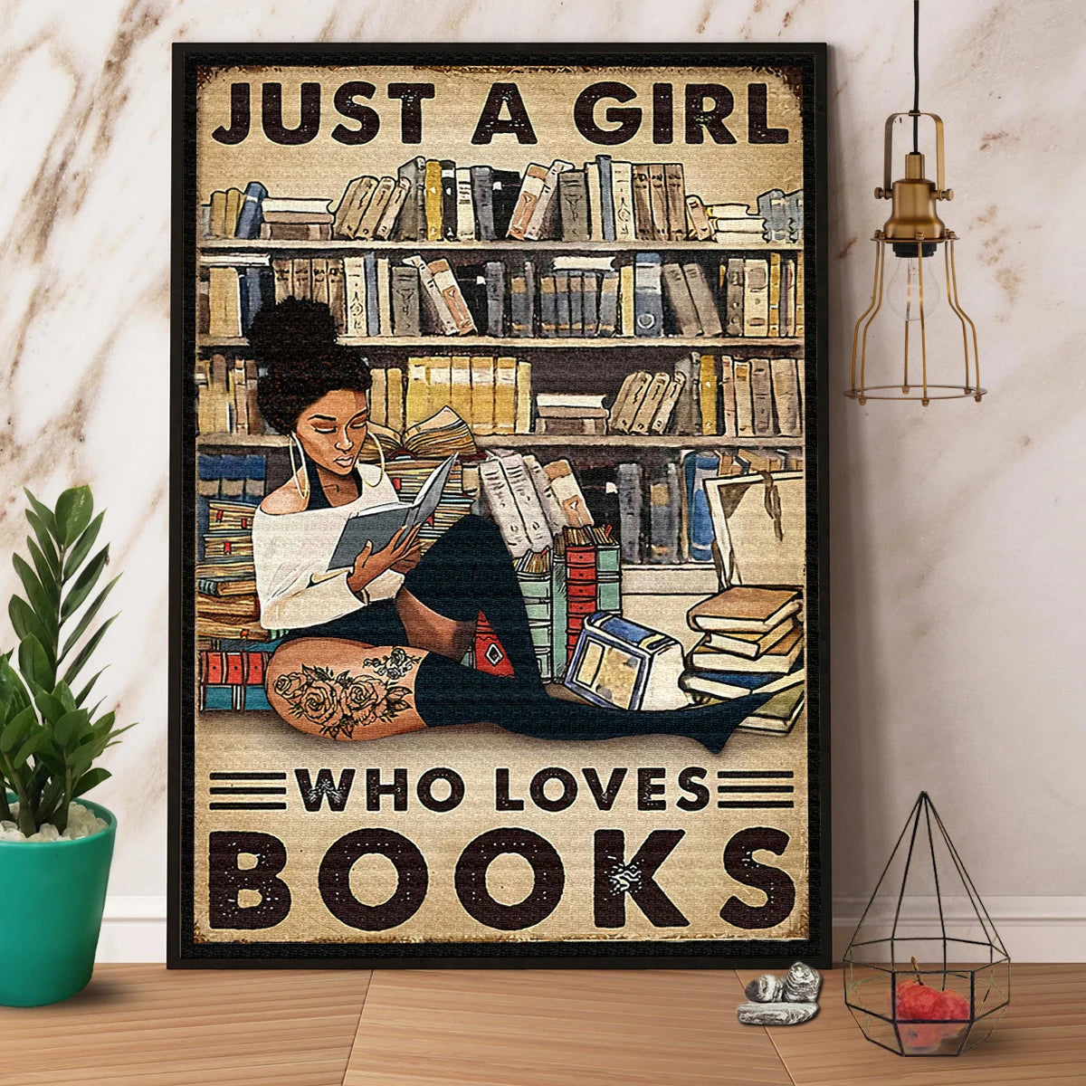 Tattoo Black Girl & Bookworm Jsut A Girl Who Loves Books Canvas Poster Wall Art Decor