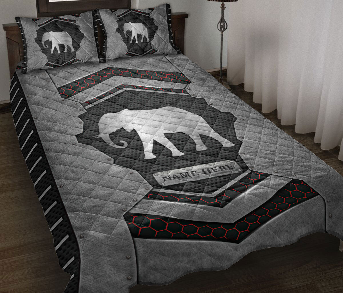 Personalized Elephant Quilt Set, Elephant Carbon Stone Silver Quilt Blanket With Pillowcases, Custom Name Quilt Bedding Set