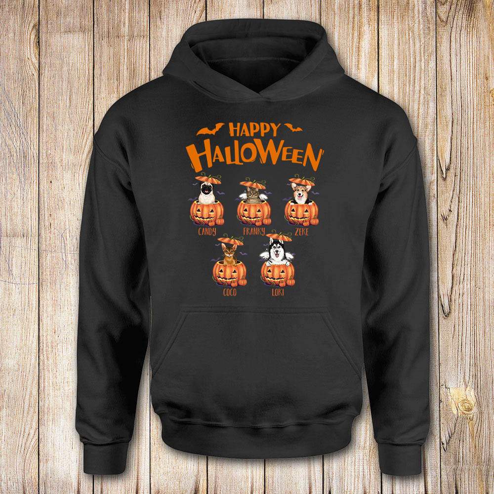 [Front Side] Personalized Halloween Hoodie Gifts For Dog Cat Lovers – Dog Cat Pumpkin