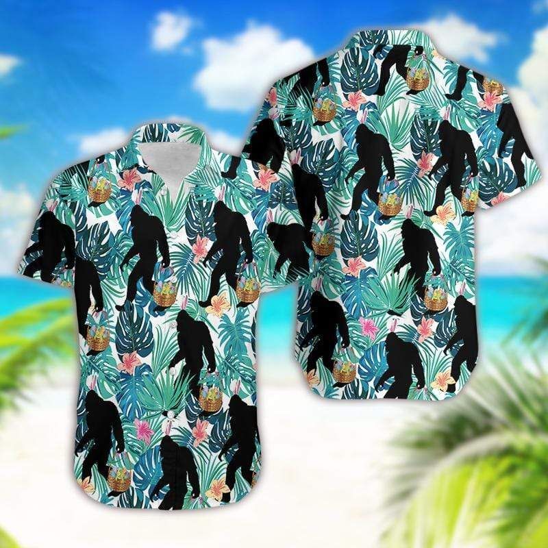 Discover Cool Happy Easter 2021 Simple Bunny Bigfoot Hunting Eggs Unisex Hawaiian Aloha Shirts Dh