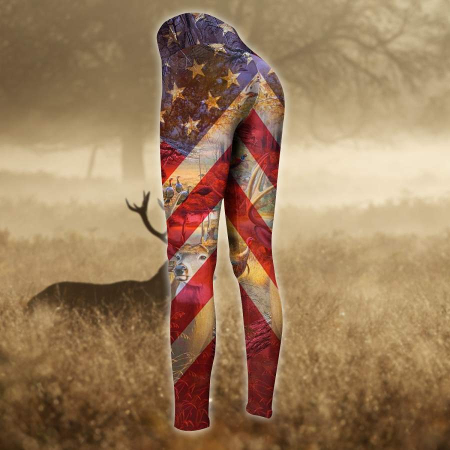 Wozoro 3D All Over Printed Women’s Tanktop Leggings Set Hunting Deer American Flag Tank Top, Legging