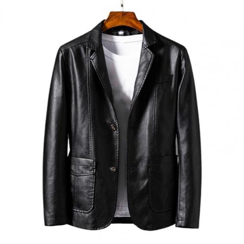 Suit Coat Faux Leather Turn-down Collar Cardigan Solid Color Men Formal Jacket for Meeting alx