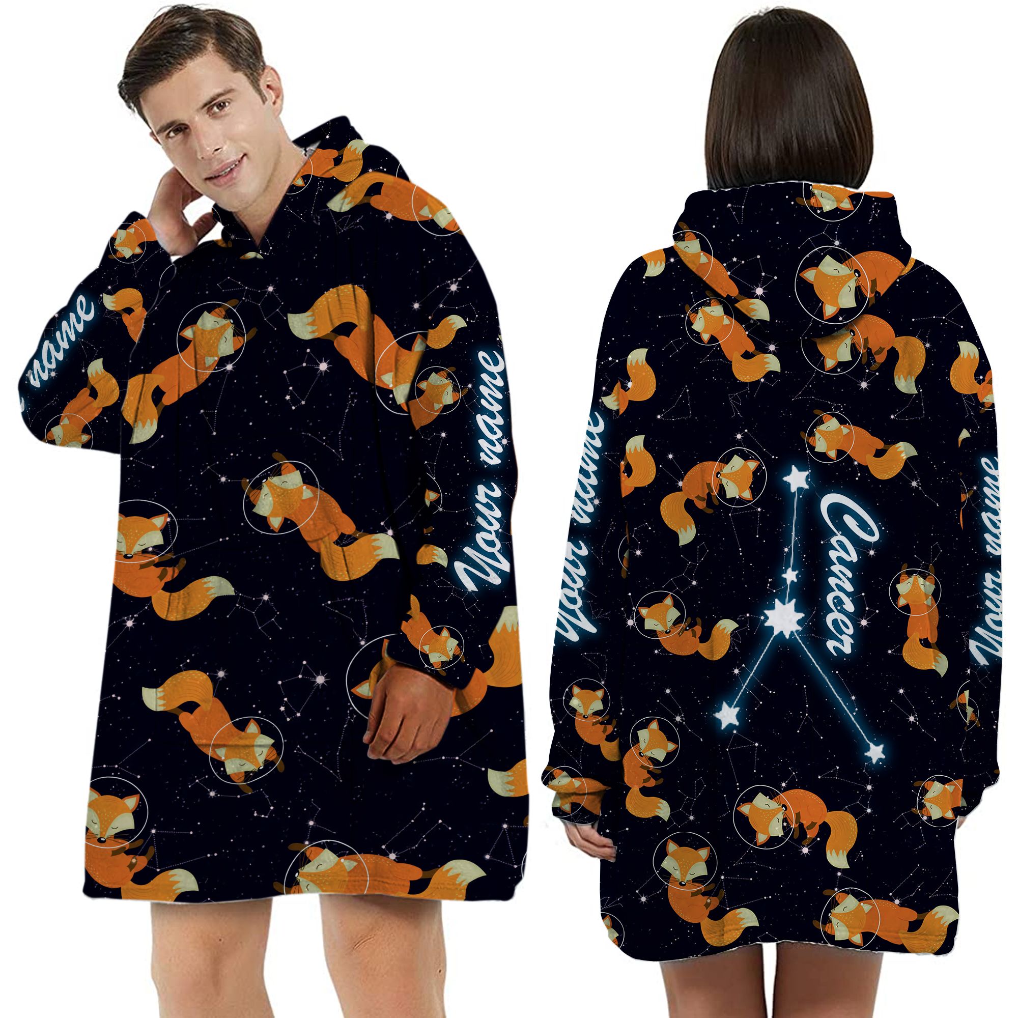 Zodiac Cancer Foxes Custom Name Huggle Hoodie For Animal And Astronomy Lovers