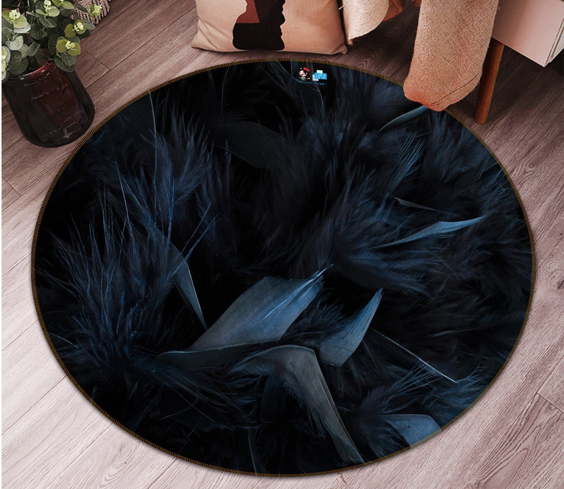 3D Black Feather 2156 Round Rug – Round Carpet Home Decor