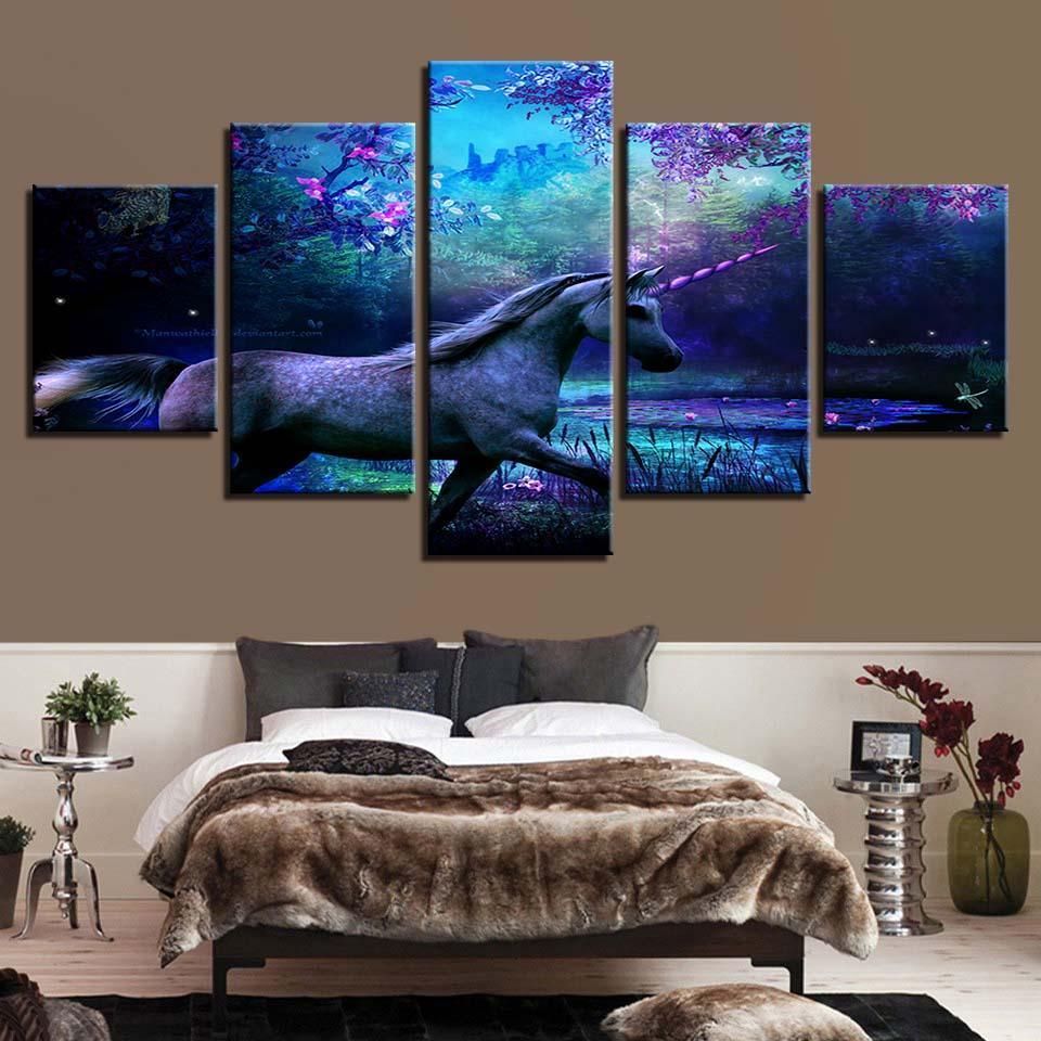 Purple Forest Unicorn Abstract Animal 5 Panel Canvas Art Wall Decor