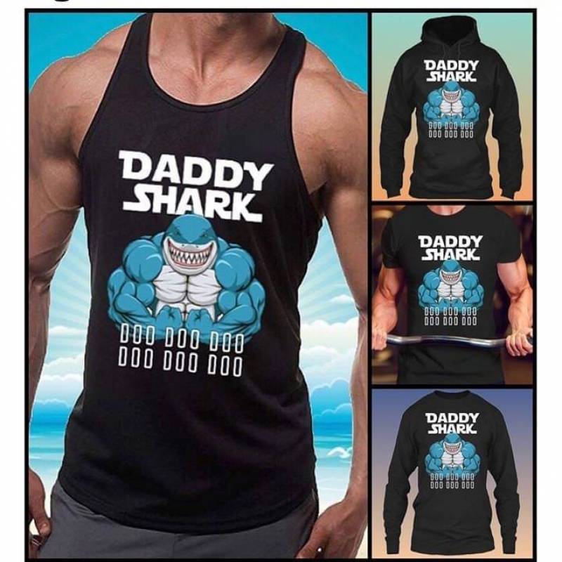 Daddy Shark Doo Doo Doo Baby Shark Funny Muscle Guy Smile Face Best Gift For Man Who Are Gymers Black Tank Top S-2Xl